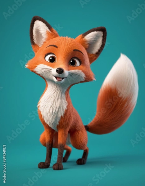 Fototapeta A 3D cartoon fox with a bushy tail and a curious look on a teal background.