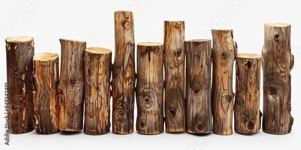 Fototapeta Section of a wooden railing made of round poles isolated on white