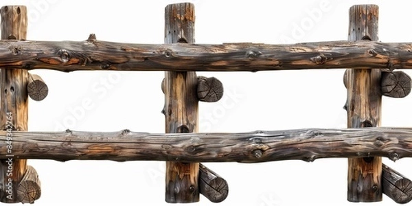 Fototapeta Section of a wooden railing made of round poles isolated on white