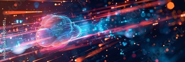 Obraz A digital representation of cloud computing featuring data processing and AI operations in the cloud. Generative AI