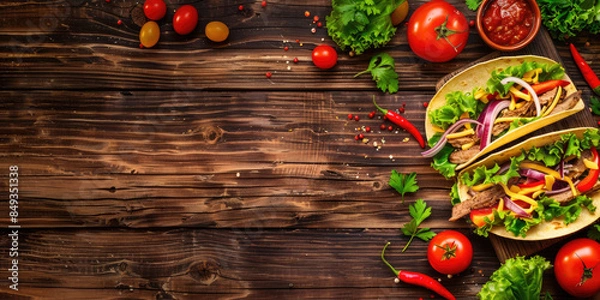 Fototapeta Tacos al Pastor on a rustic wooden table, Vibrant colors of fresh toppings, Authentic Mexican street food