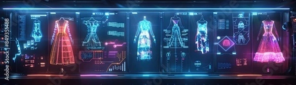 Fototapeta Futuristic digital wardrobe showcasing high-tech, glowing fashion designs with vibrant neon lights, blending technology and style seamlessly.