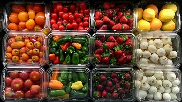 Fototapeta Assortment of fresh and healthy fruits and vegetables beautifully arranged on a supermarket shelf