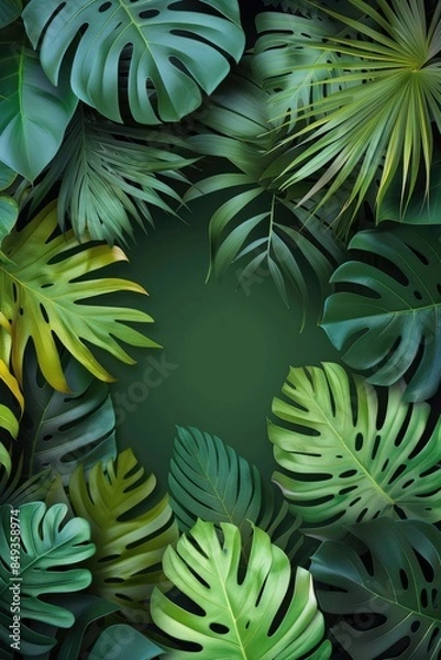 Fototapeta Green tropical leaves, foliage plant in green flat color background. Paper cut style. Space for text. Generative AI.