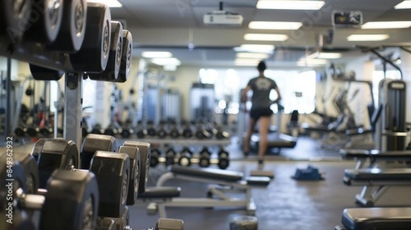 Fototapeta Determined individual working out with weights and machines in a gym to stay fit and healthy