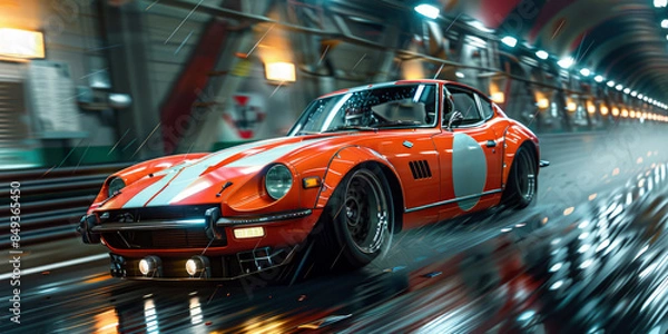 Fototapeta A high-speed capture of an orange sports car with racing stripes and number 7, cruising in an illuminated tunnel