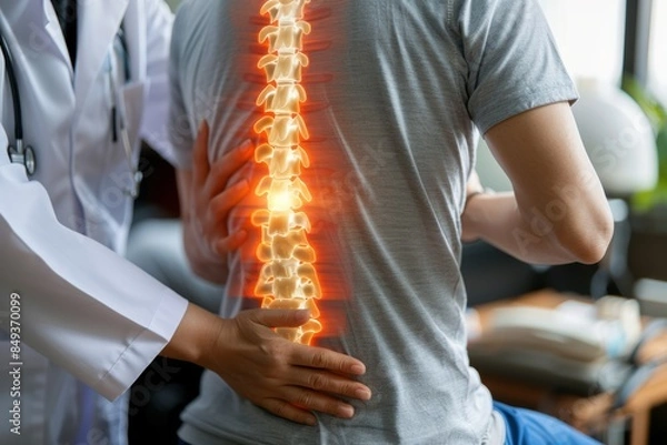 Obraz Doctor examining a patient's spine highlighted with pain points, illustrating back pain and medical consultation in a clinic setting.