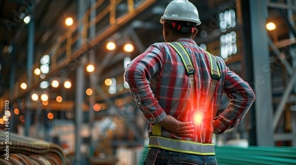 Obraz Construction worker experiencing back pain in an industrial warehouse, reflecting the physical challenges in labor-intensive occupations.