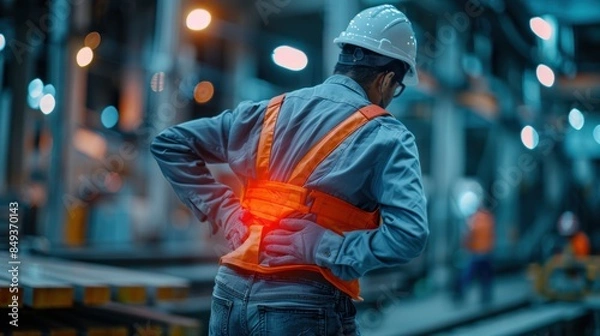 Obraz Factory worker with a safety helmet and vest experiencing back pain while working, symbolizing workplace safety and health concerns.