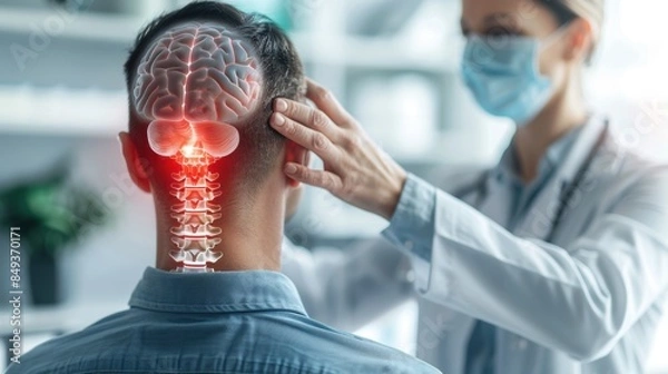 Obraz Doctor examining male patient's brain and spine, highlighting nervous system issues. Medical care, diagnosis, neurology concept.