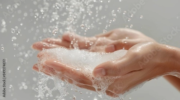 Fototapeta handwashing two hands being washed with soap and running water ,healthy , clean, for presentation
