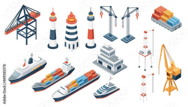 Obraz Set of 2d isometric illustration of maritime transportation industry or commercial port warehouse theme vector illustration isolated on white background