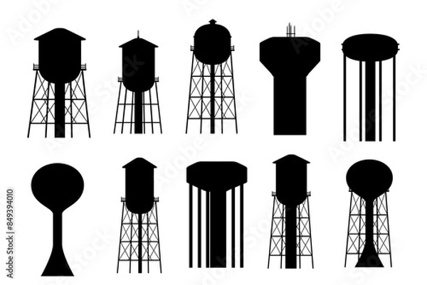 Obraz Black silhouette set of Metal water tower with oval water tank countryside water reservoir infrastructure vector illustration isolated on white background