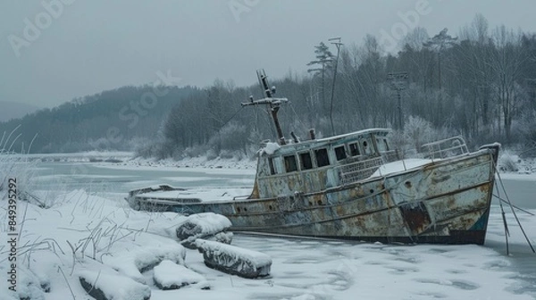 Obraz The aged vessel sat abandoned in the icy river during the winter season