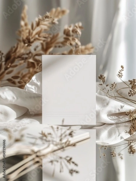 Fototapeta Blank greeting card mockup, flat lay,Wedding invitation card mockup, two sides, front and back, trendy beige concrete background, copy space