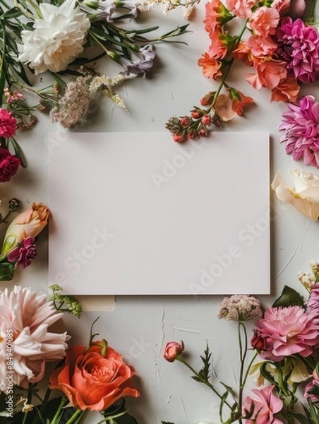 Fototapeta A blank white card surrounded by vibrant summer flowers in white, orange and black autumn colors. Copy space, greeting card for text. Shallow depth of field