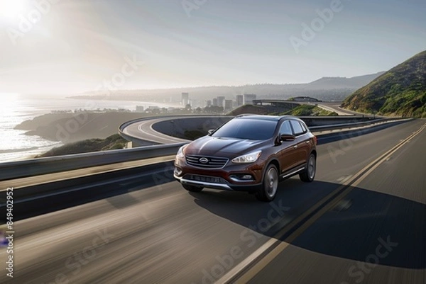 Fototapeta Contemporary brown suv ascends a coastal highway with the city skyline in the background