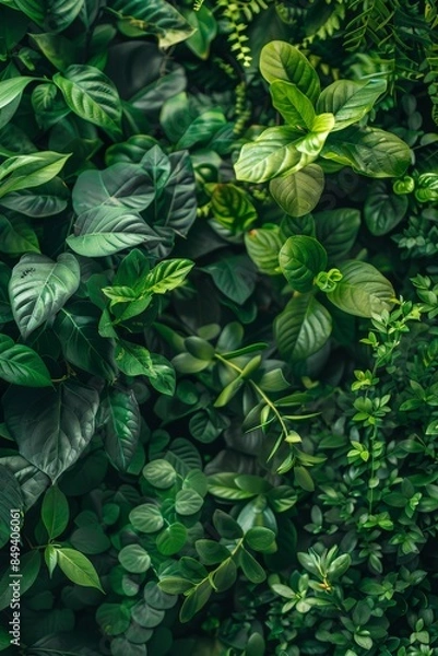 Fototapeta Lush green foliage background with various leaf textures and shapes.  A natural backdrop for nature or botanical themes.