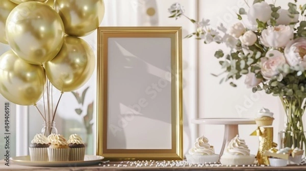 Fototapeta gold picture frame with decorations. Mock up for your photo or text Place your work, print art,shabby style, white background, paper ball, toy, pastel color book, copy space