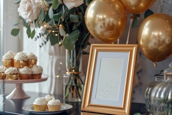 Fototapeta gold picture frame with decorations. Mock up for your photo or text Place your work, print art,shabby style, white background, paper ball, toy, pastel color book, copy space