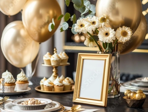 Fototapeta gold picture frame with decorations. Mock up for your photo or text Place your work, print art,shabby style, white background, paper ball, toy, pastel color book, copy space