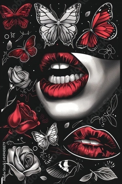 Fototapeta A close-up shot of a woman's lips adorned with butterflies and roses