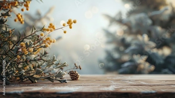 Fototapeta Empty table in front of christmas tree with decoration background, copy space