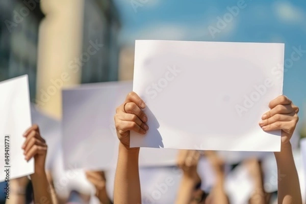 Fototapeta group of people holding empty blank paper signs on blue sky background, copy space