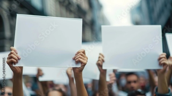 Fototapeta group of people holding empty blank paper signs on blue sky background, copy space
