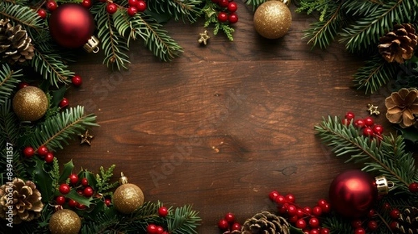 Fototapeta Christmas background with fir tree and decoration on dark wooden board, copy space
