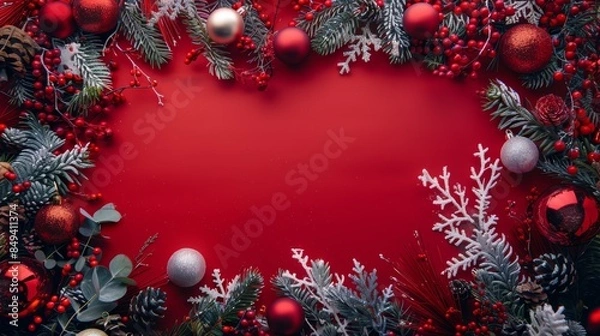 Fototapeta Red Christmas or New Year Ornament Border Background, copy space, copy space
