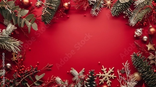 Fototapeta Red Christmas or New Year Ornament Border Background, copy space, copy space