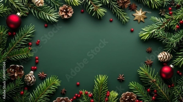 Fototapeta Festive christmas mockup with tinsel. Dark green vintage frame with golden and red ornaments. Blank xmas template with New Year decorations, empty space. Celebration card. Top view. Evergreen tree, co