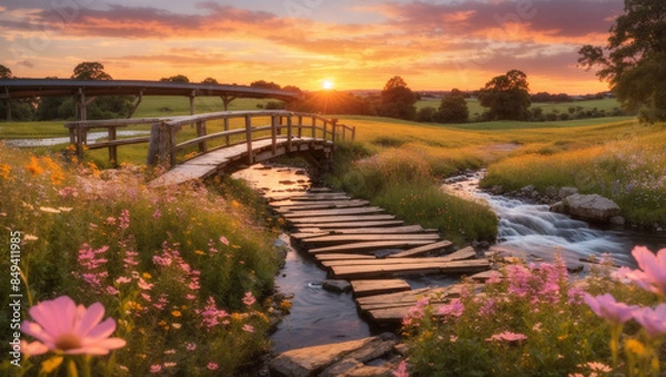 Obraz  a wooden bridge over a small river