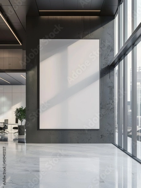 Fototapeta white blank poster with place for your logo or text on light illuminated wall background in abstract empty exhibition hall, mock up, copy space