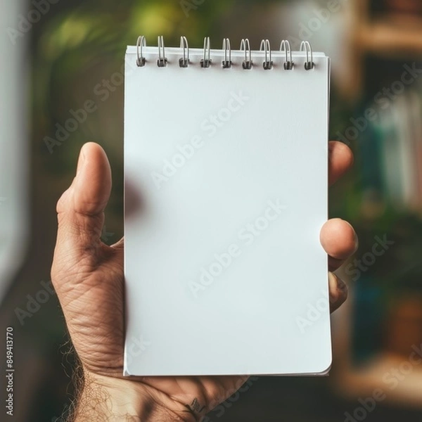 Fototapeta hands holding an open empty notebook and a pen. Man making notes or a to-do list. Isolated on white background, copy space
