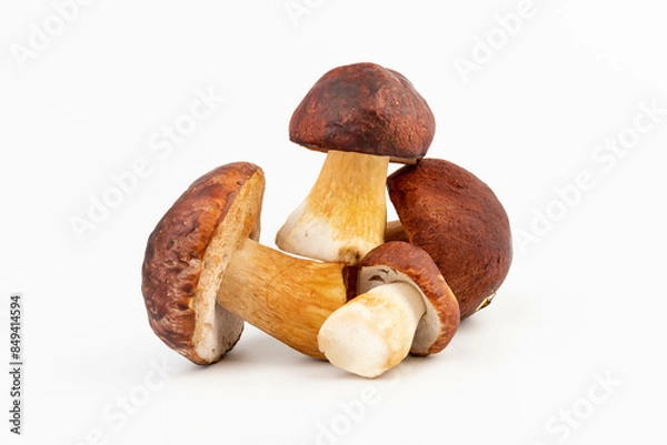 Fototapeta Bay bolete. Edible mushrooms (Boletus badius) isolated on white background with clipping path. Package design element. Wild forest mushrooms