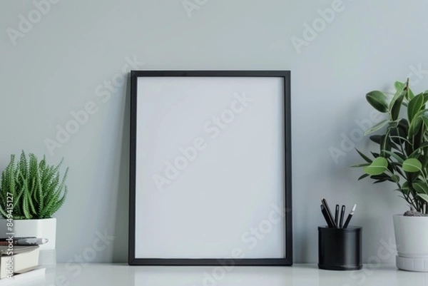 Fototapeta Rectangular mock up frame with reflection and blue background, copy space