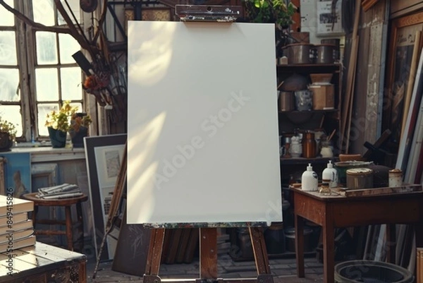 Fototapeta Wooden easel with blank canvas and painting tools near color wall in artist's workshop and copy space