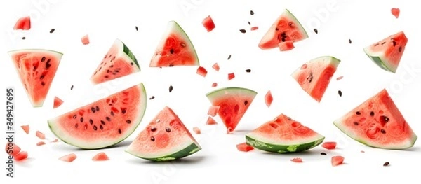 Fototapeta Falling pieces of watermelon and seeds on white background. Juicy watermelon in close-up