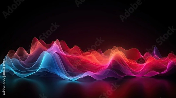 Fototapeta Photograph of a vibrant 3D illustration of sound waves pulsating with energy, rendered in a neon color palette against a dark background