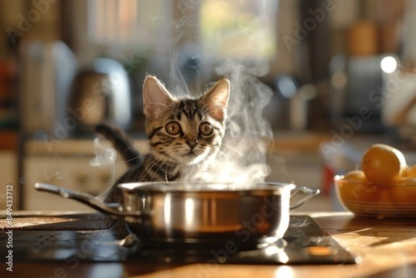 Fototapeta A curious cat sits atop a stove, surrounded by cooking utensils and pots