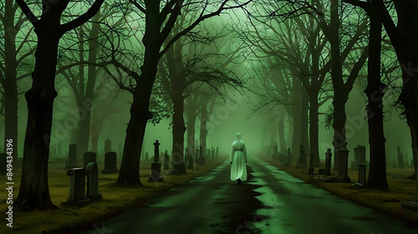 Fototapeta A woman dressed in white walks along an old road in a cemetery, passing by a ghostly atmosphere surrounded by dark mist.