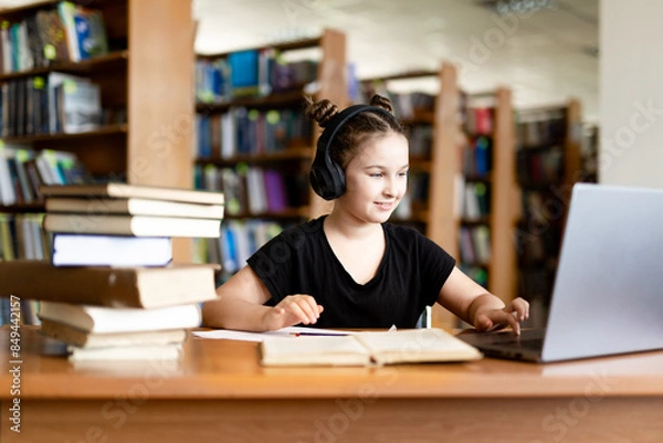 Fototapeta School library. Schoolgirl studying online using laptop, taking notes on paper. Teenage schoolgirl wearing headphones undergoes online learning. Distance learning concept.