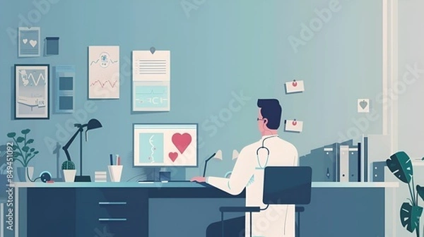 Obraz A doctor using a computer in a modern office, with various medical charts and diagrams on the wall, symbolizing the use of technology in healthcare for patient monitoring and analysis.