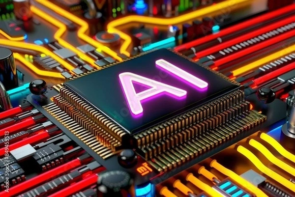 Obraz Futuristic AI chips and circuit boards display vibrant colors and advanced technology in hardware design.