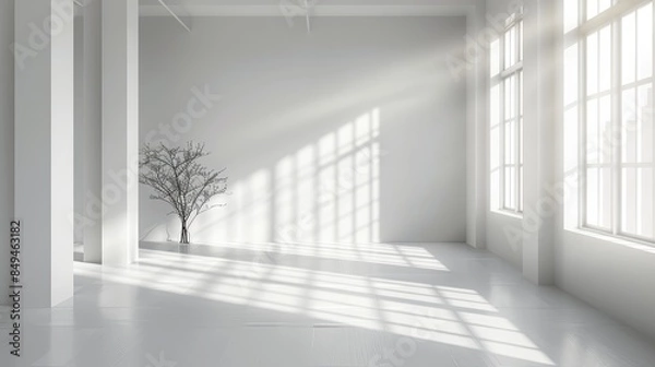 Obraz Clean minimalist room, white walls, natural lighting casting shadows, spacious and empty, ideal for commercial displays