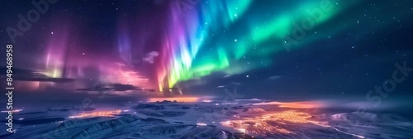 Obraz City lights with beautiful aurora northern lights in night sky with snow forest in winter.