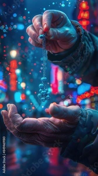 Fototapeta Close-up of a craftsperson's hands threading a piece of jewelry, set against a vibrant, blurred city background illuminated by colorful lights.