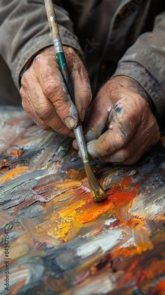 Fototapeta Close-up of an artist's hands mixing vibrant oil paints on a palette. The painter is using brushes to blend various colors, creating a rich and textured composition.